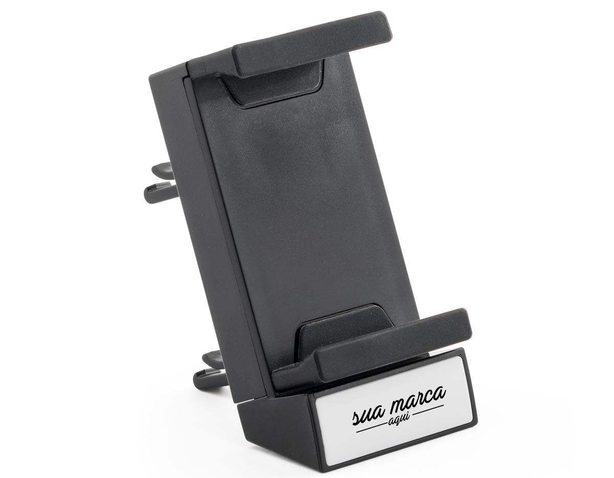 Suporte regulável para celular. Elaborado em plástico resistente.