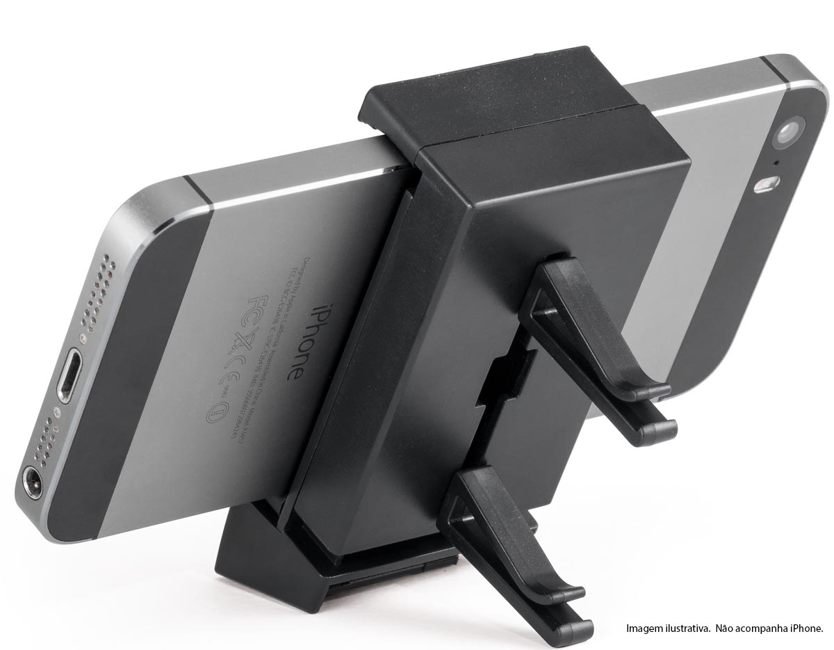 Suporte regulável para celular. Elaborado em plástico resistente.