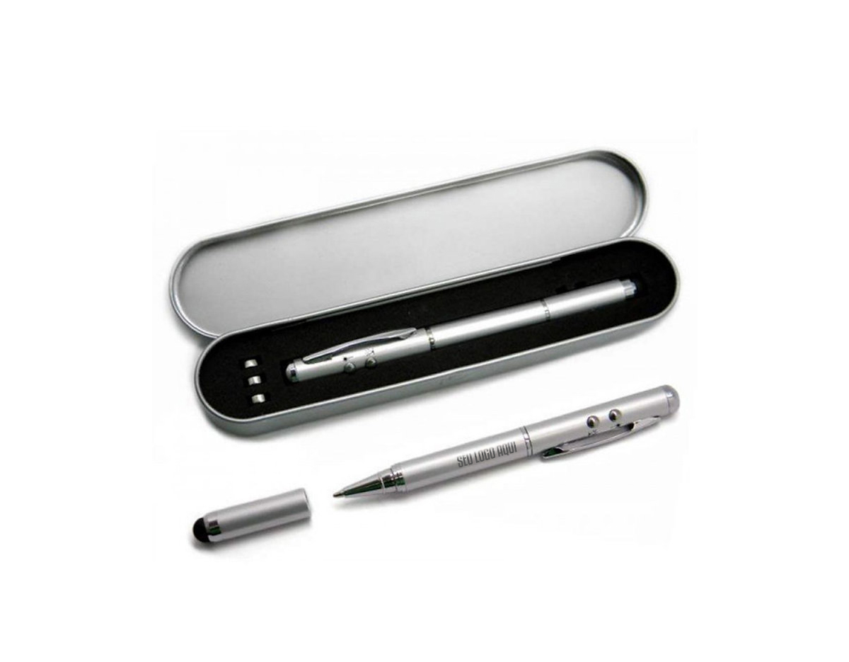 Caneta laser, luz de led, ponteira touch e caneta esferográfica com bateria inclusa. Acompanha estojo de metal com berço.