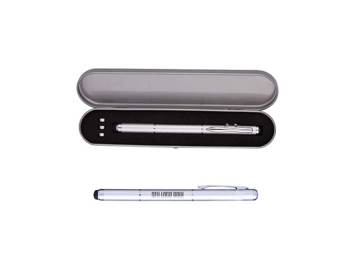 Caneta laser, luz de led, ponteira touch e caneta esferográfica com bateria inclusa. Acompanha estojo de metal com berço.
