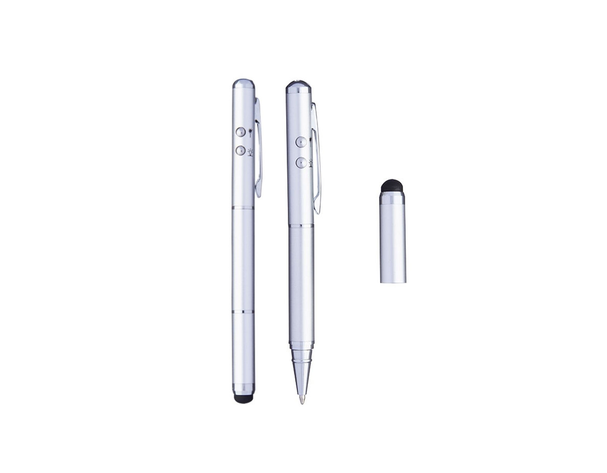 Caneta laser, luz de led, ponteira touch e caneta esferográfica com bateria inclusa. Acompanha estojo de metal com berço.