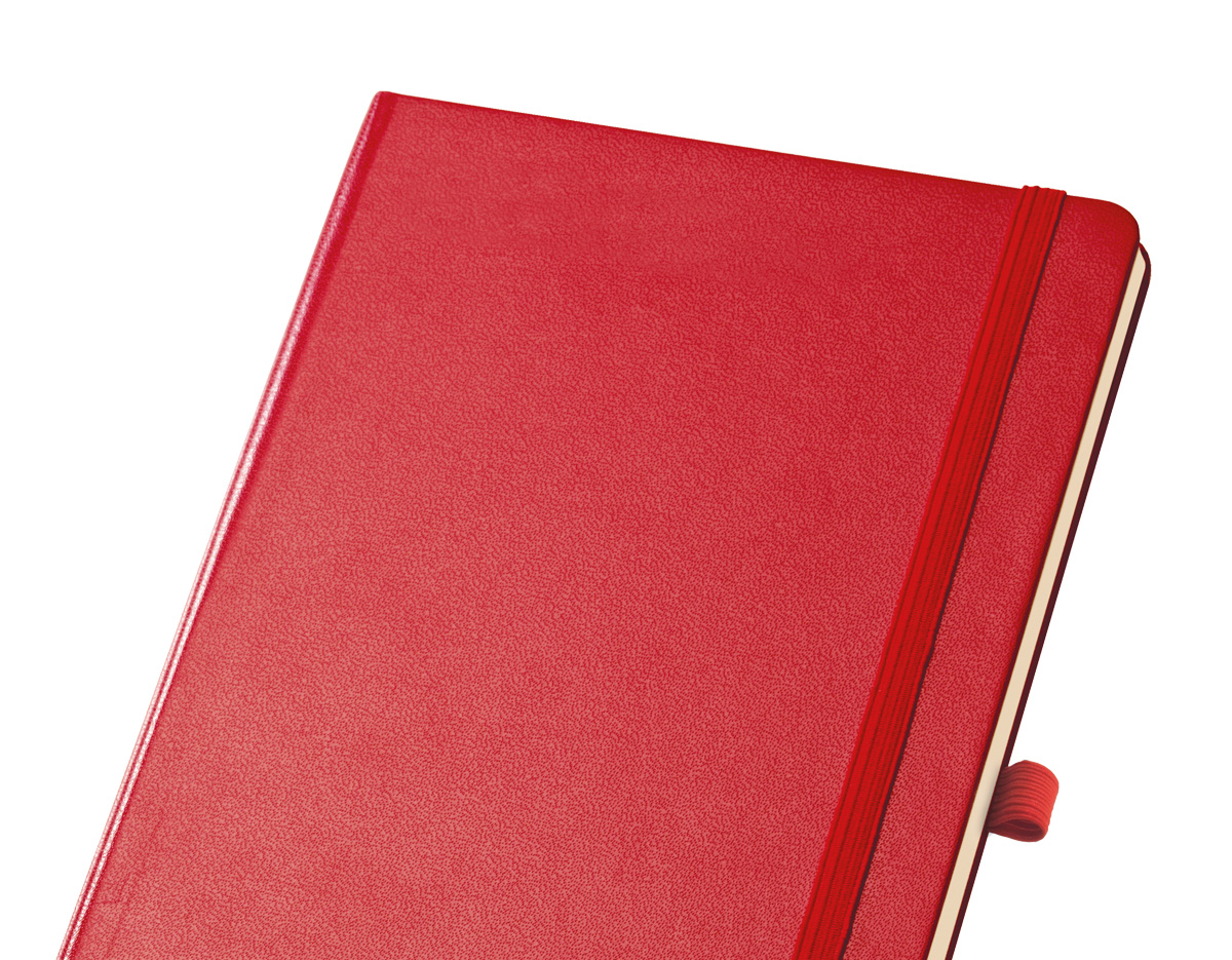 Caderno capa dura, com porta esferográfica, bolso interior folhas não pautadas na cor marfim.
