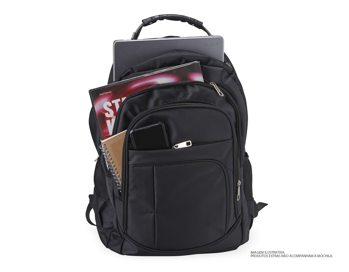 Mochila de nylon com capacidade de 30 litros, composta por quatro compartimentos, incluindo bolso interno acolchoado para notebook de até 15,6". Possui bolsos laterais em malha, duas alças de mão e parte traseira com revestimento espumado para maior conforto. 