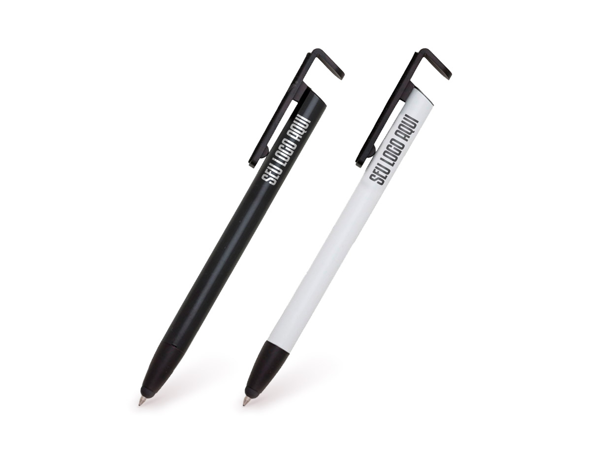 Caneta de metal com corpo colorido e detalhes em preto, possui clip com limpador de teclado e parte superior vazada para ser utilizada como suporte para celular. Parte inferior com borracha touch e acionamento por clique.