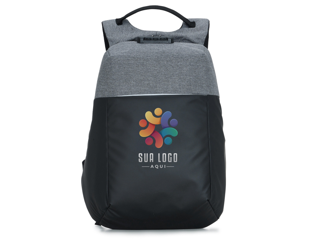 Mochila anti-furto para notebook com cadeado de segredo. Material poliéster com detalhes em nylon. 45,5x33,5x19