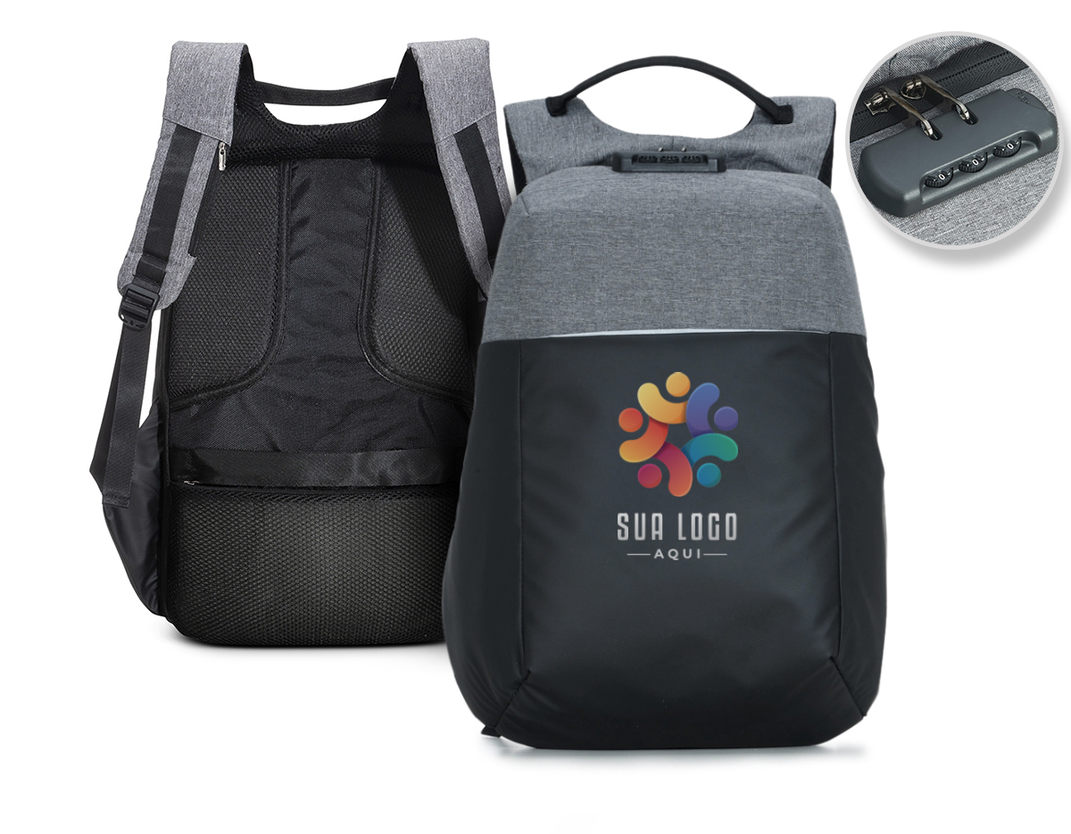 Mochila anti-furto para notebook com cadeado de segredo. Material poliéster com detalhes em nylon. 45,5x33,5x19