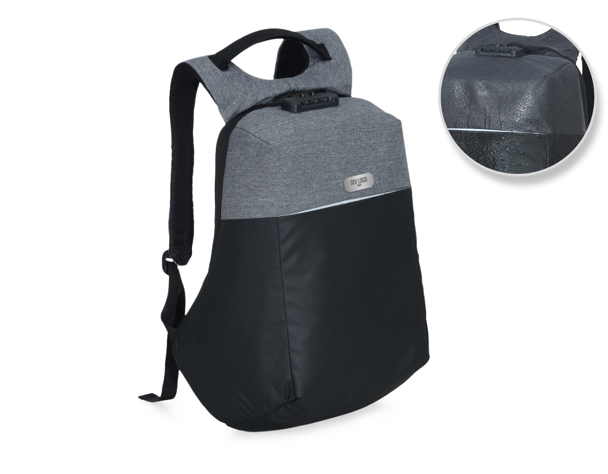 Mochila anti-furto para notebook com cadeado de segredo. Material poliéster com detalhes em nylon. 45,5x33,5x19