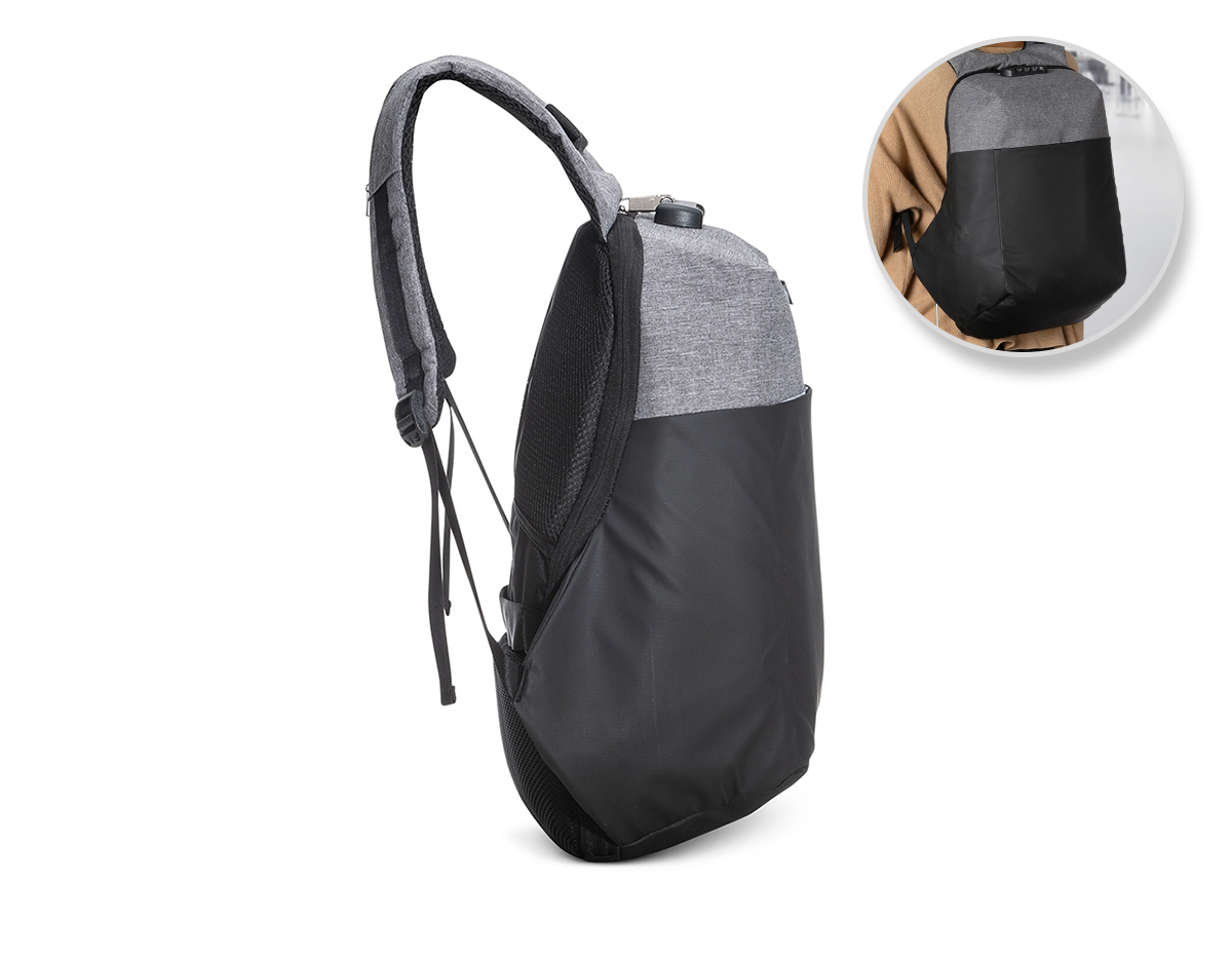 Mochila anti-furto para notebook com cadeado de segredo. Material poliéster com detalhes em nylon. 45,5x33,5x19