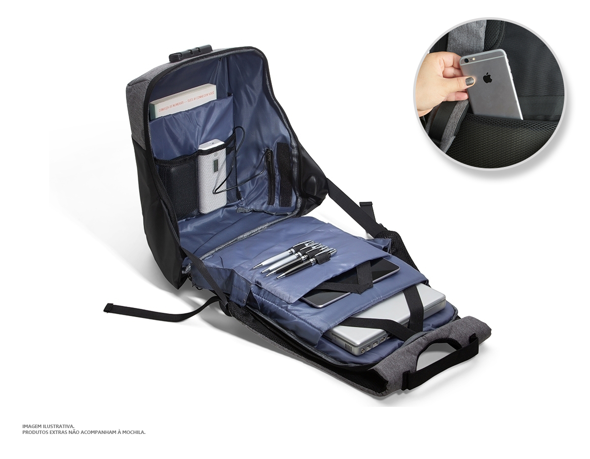 Mochila anti-furto para notebook com cadeado de segredo. Material poliéster com detalhes em nylon. 45,5x33,5x19