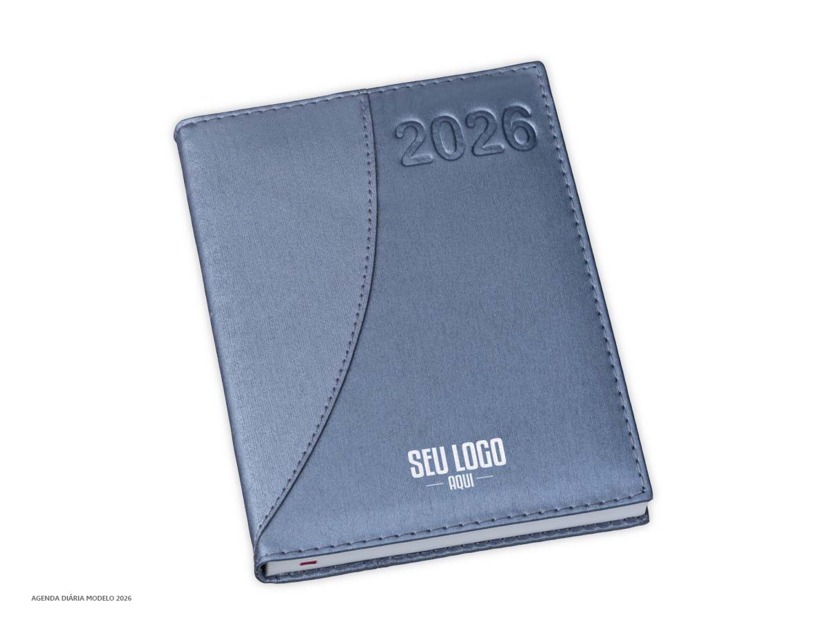 Agenda diária 2025 de couro sintético. Contém fita de cetim marca página, dados pessoais, calendário de 2024 à 2026, mapa do Brasil, mapa-múndi, índice telefônico e planejamento.