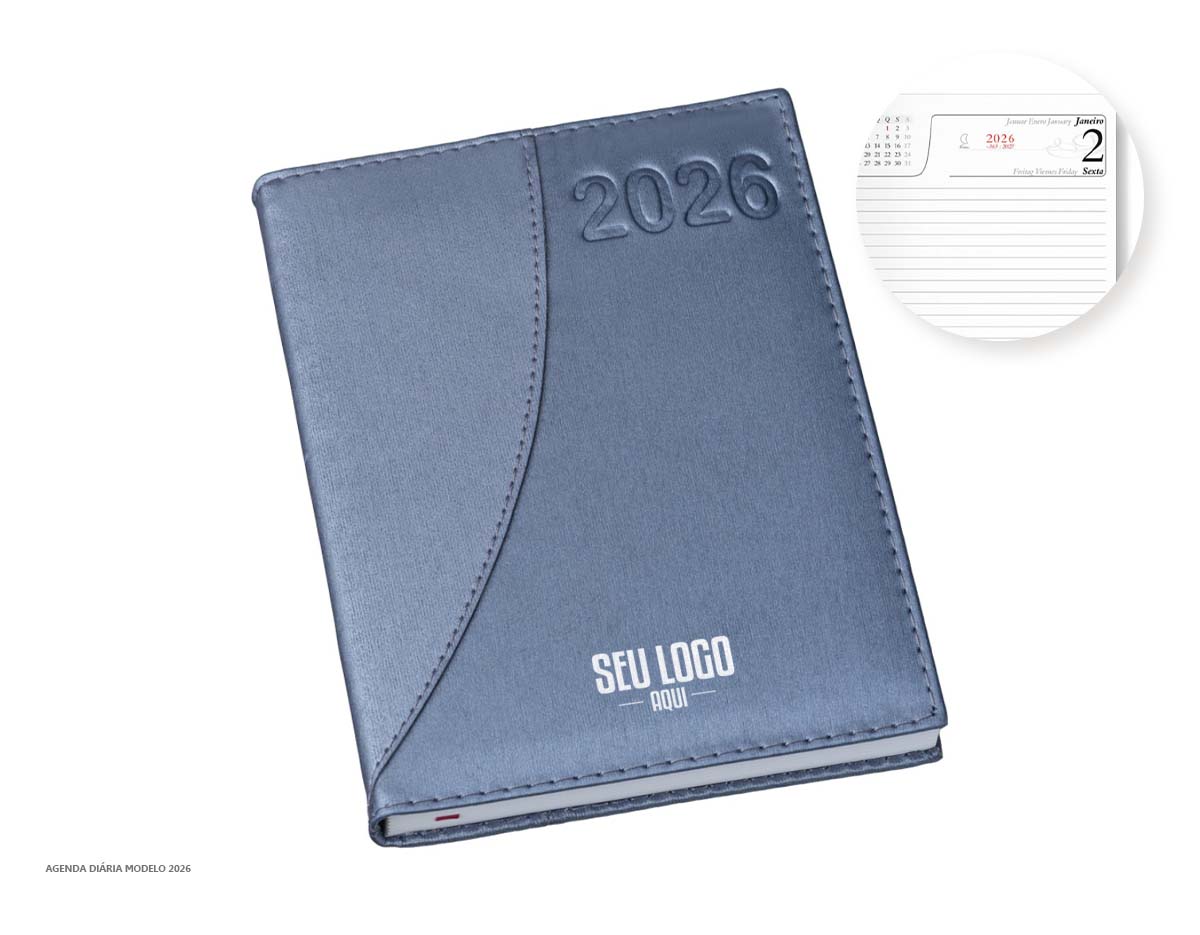 Agenda diária 2025 de couro sintético. Contém fita de cetim marca página, dados pessoais, calendário de 2024 à 2026, mapa do Brasil, mapa-múndi, índice telefônico e planejamento.