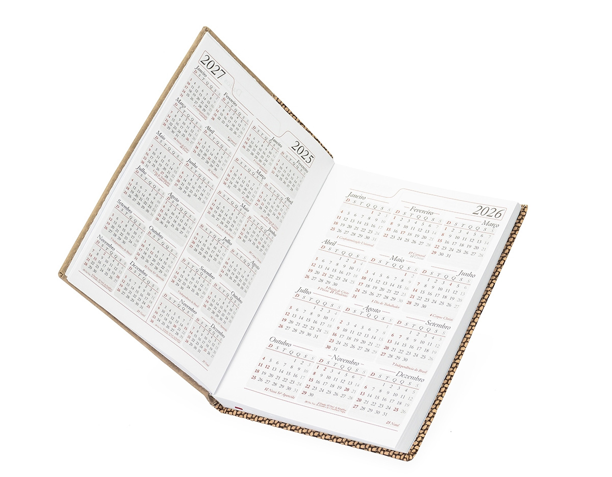 Agenda diária 2026 em couro sintético com detalhes texturizados e marca-páginas em fita de cetim. Contém páginas dedicadas a dados pessoais, agenda com miolo permanente.. 