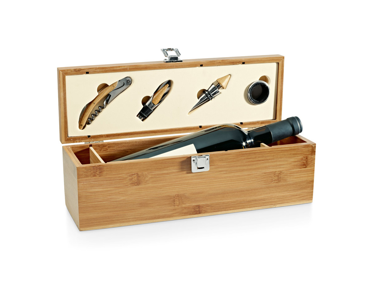 Kit vinho em bambu e zinco. Com Saca-rolhas com canivete de sommelier, gargantilha, salva-gotas com tampa e rolha.