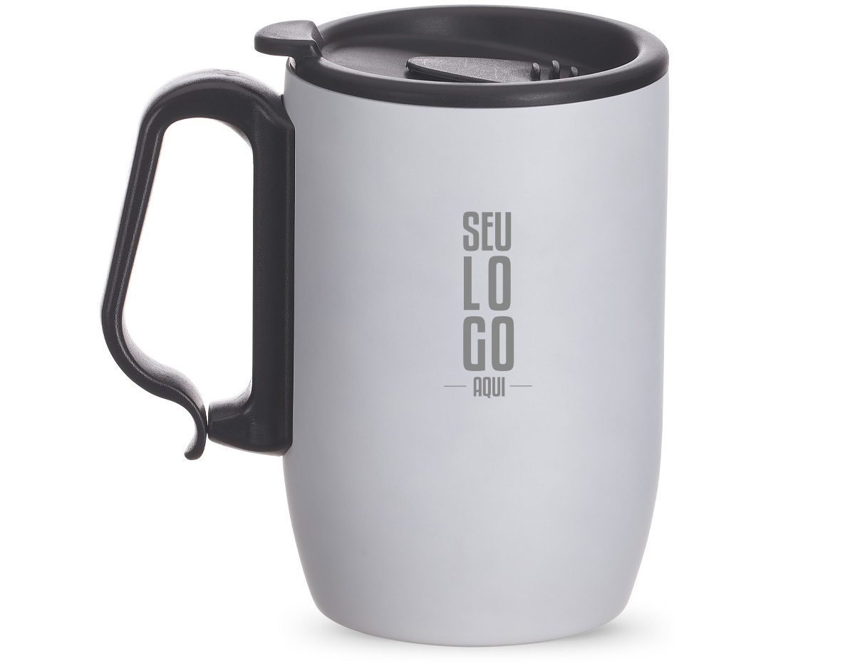 Caneca em aço inox parede dupla e   alça de mão plástica tipo mosquetão. Conserva temperatura por algumas horas. Possui tampa com vedação e base de apoio em EVA.