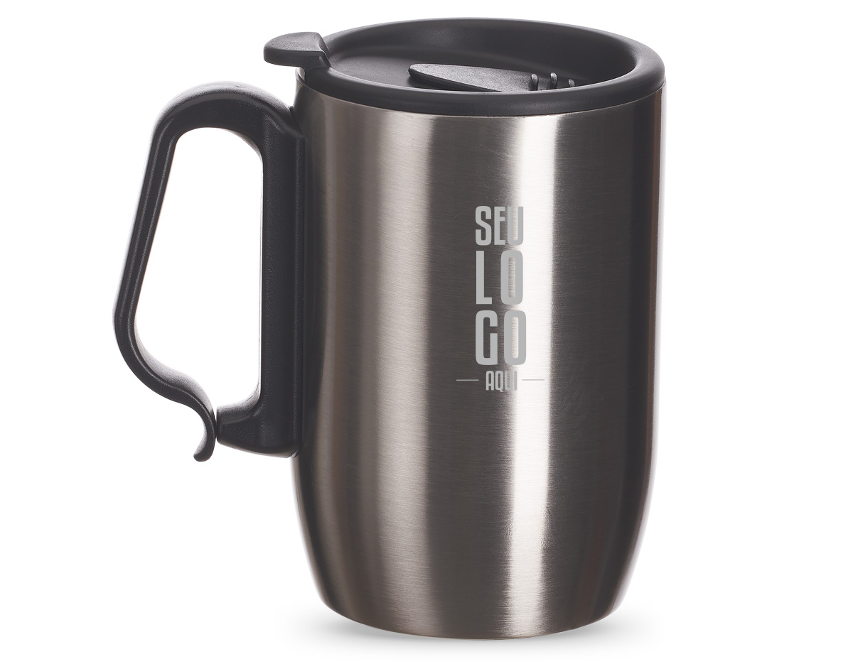Caneca em aço inox parede dupla e   alça de mão plástica tipo mosquetão. Conserva temperatura por algumas horas. Possui tampa com vedação e base de apoio em EVA.