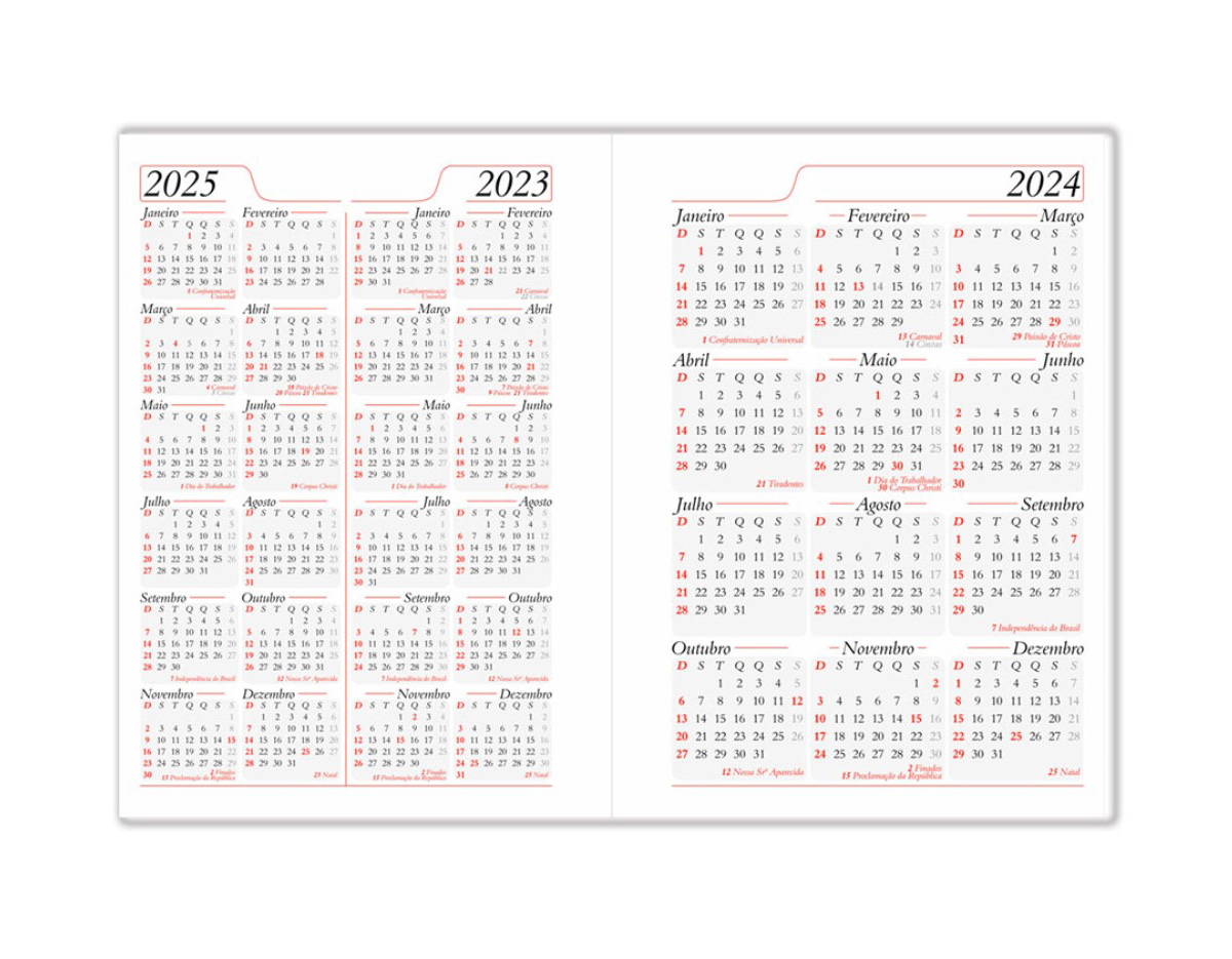 Agenda diária 2026 de couro sintético. Contém fita de cetim marca página, dados pessoais, calendário de 2023 à 2025