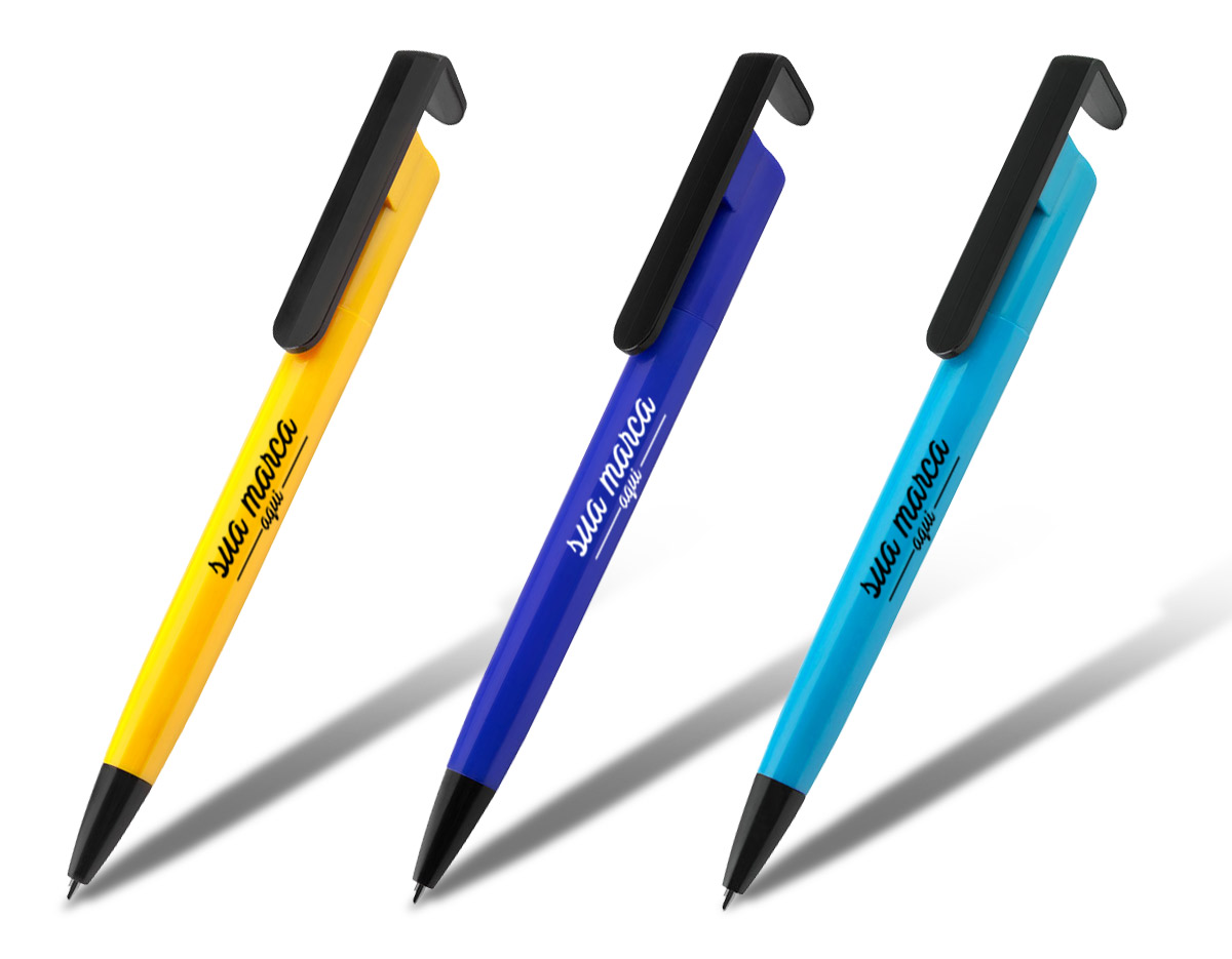 Caneta plástica com suporte para celular, retrátil, esferográfica com escrita azul.