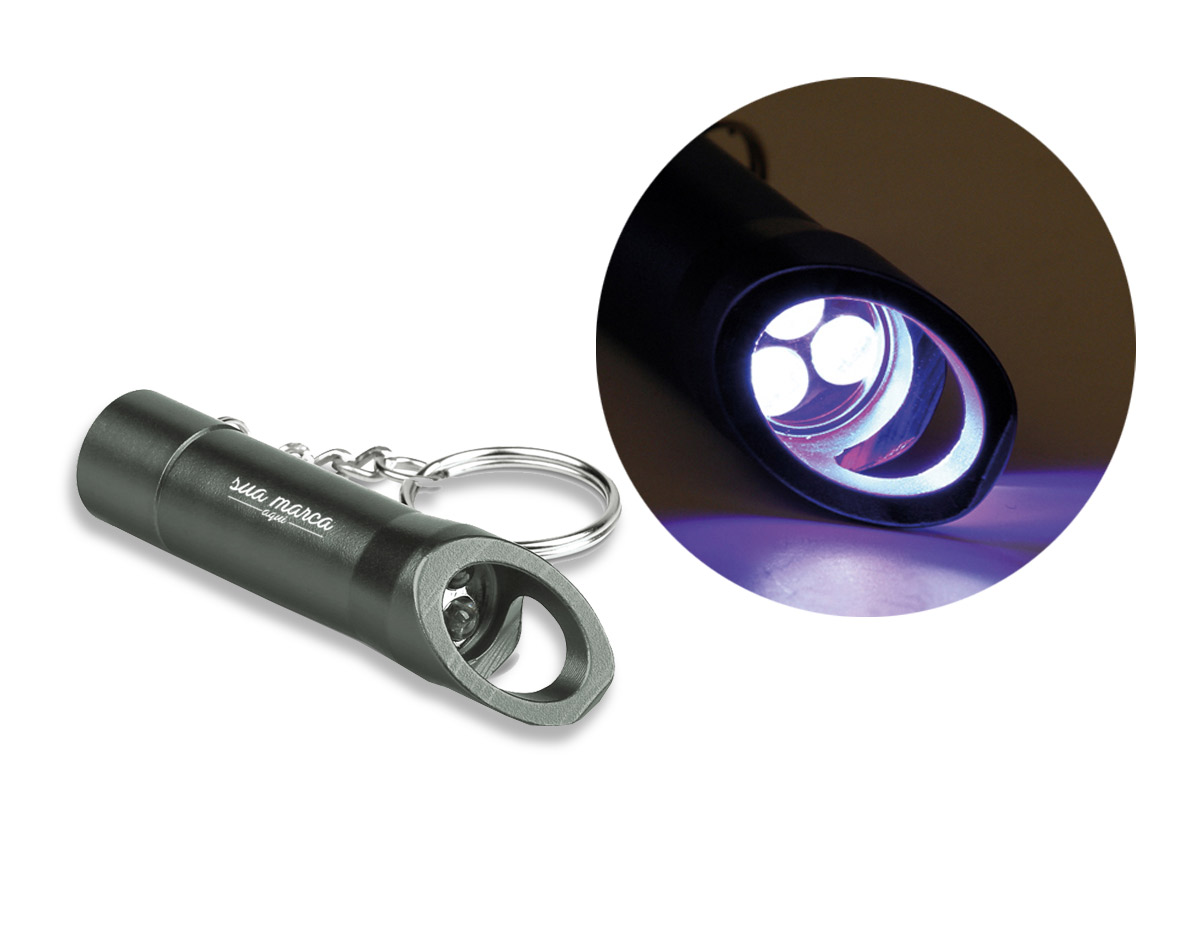chaveiro metal com 3 leds com abridor de garrafas incluso 3 pilhas 