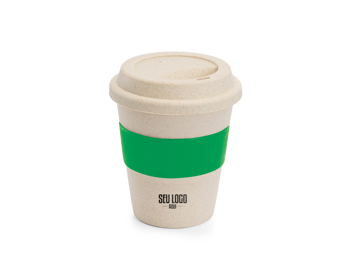 Copo de viagem fibra de bambu e PP  com banda em silicone capacidade: 380 ml