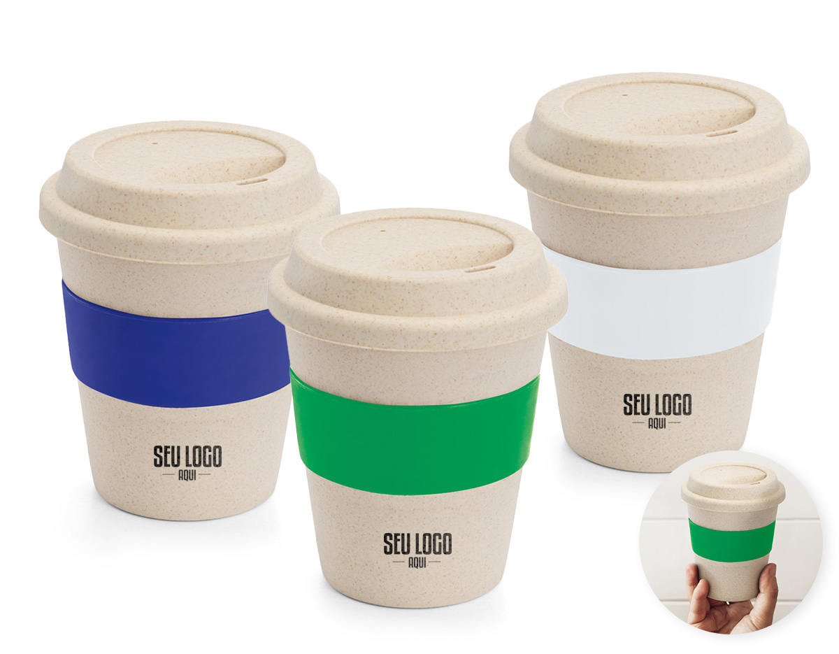 Copo de viagem fibra de bambu e PP  com banda em silicone capacidade: 380 ml