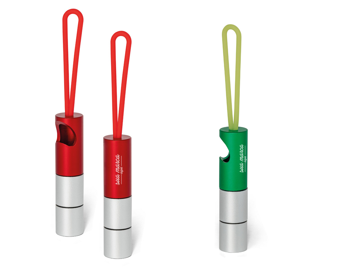 Chaveiro alumínio Com 1 LED e abridor de garrafas e fita em silicone.