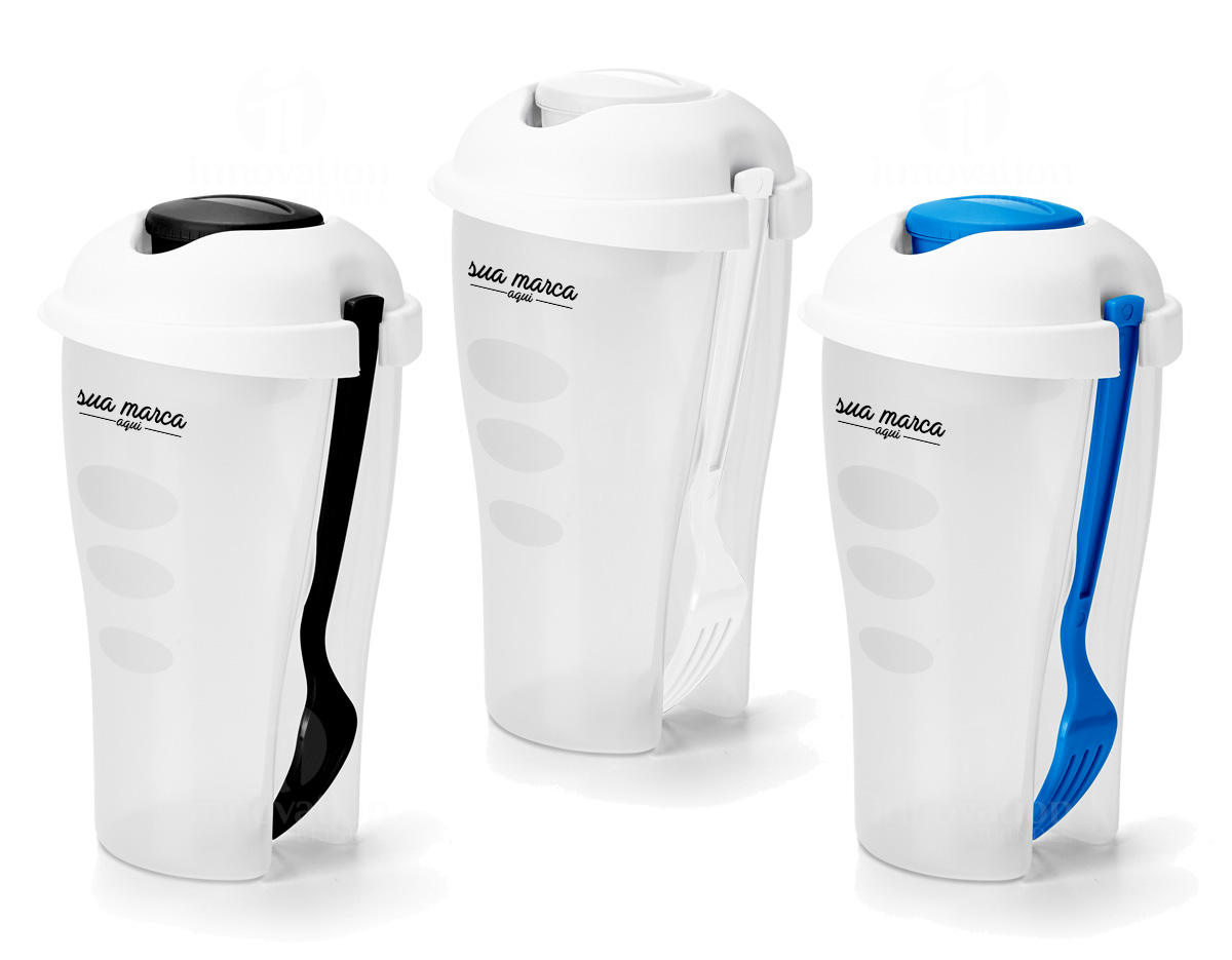 Copo para salada. PP. Com garfo e molheira. Capacidade: 850 ml. Apta para microondas (retirar a tampa)