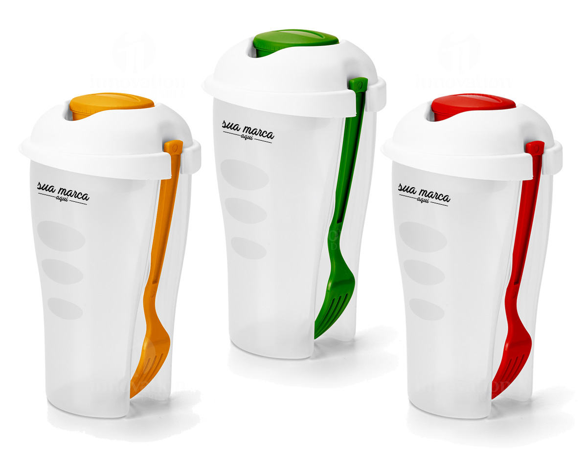 Copo para salada. PP. Com garfo e molheira. Capacidade: 850 ml. Apta para microondas (retirar a tampa)