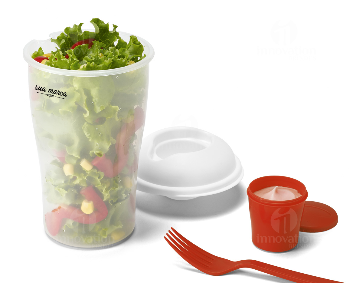 Copo para salada. PP. Com garfo e molheira. Capacidade: 850 ml. Apta para microondas (retirar a tampa)