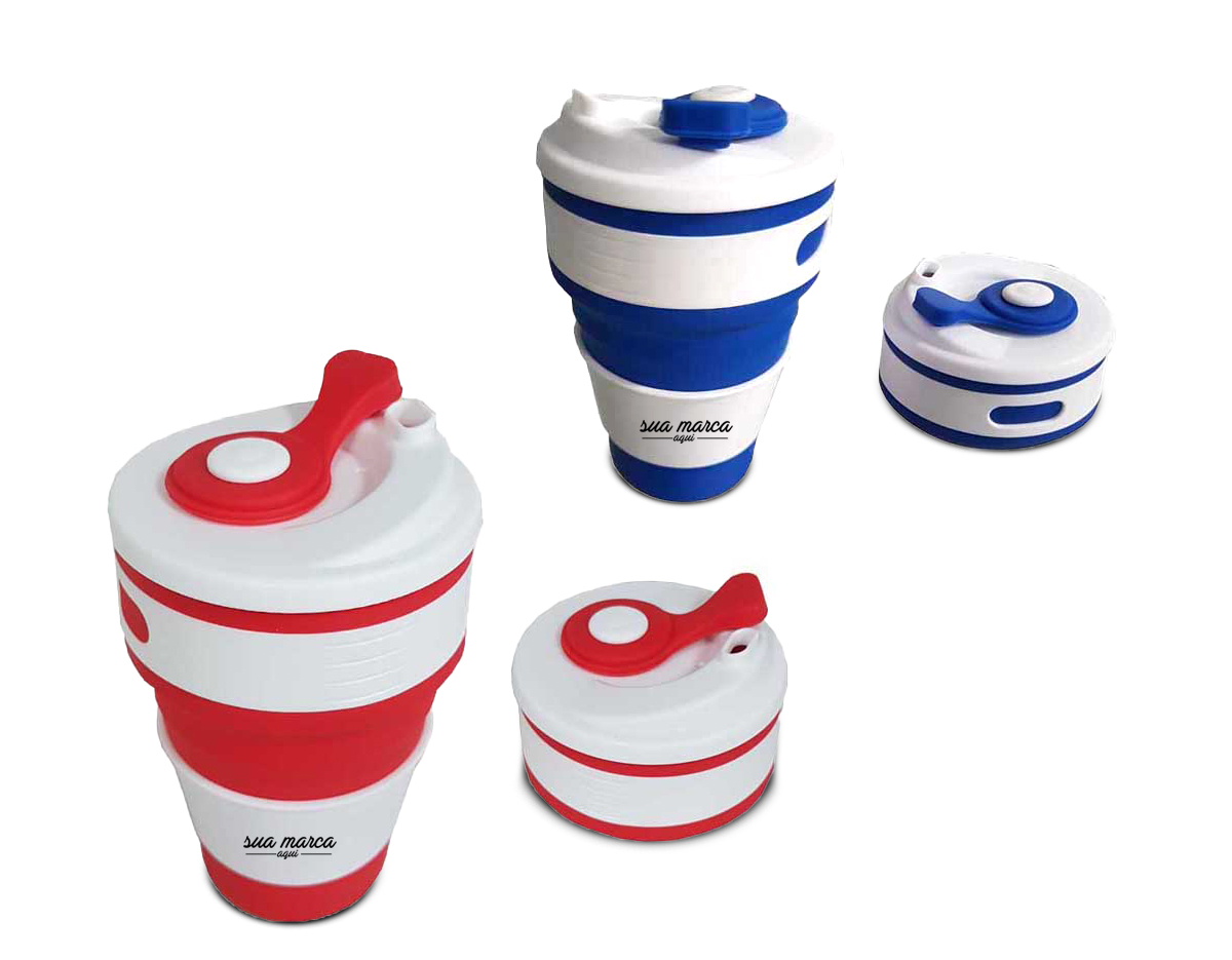  Copo retrátil 350ml de silicone, livre de BPA. Tampa plástica de encaixe com abertura para o bocal, acompanha "luva" plástica branca, evitando queimar as mãos com líquido quente.