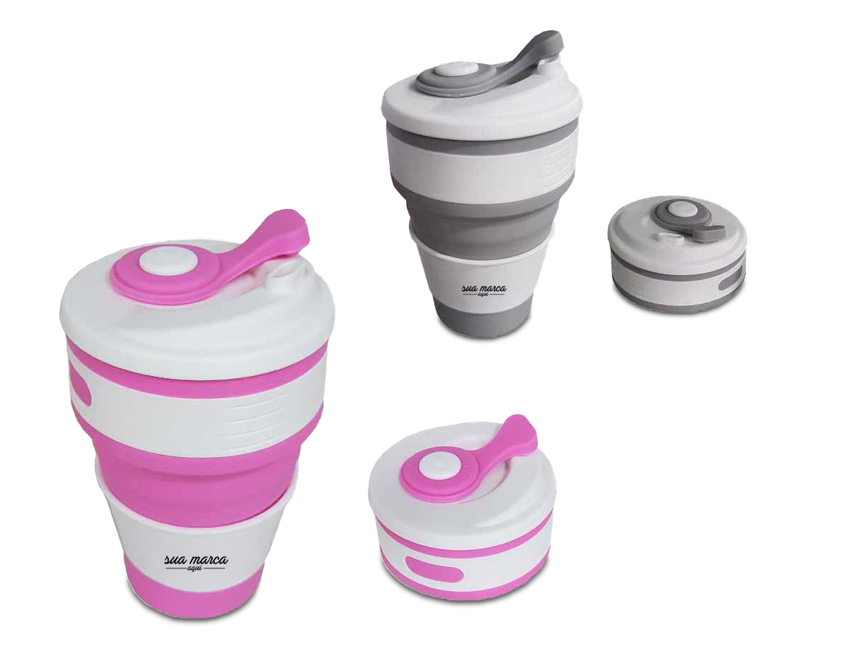  Copo retrátil 350ml de silicone, livre de BPA. Tampa plástica de encaixe com abertura para o bocal, acompanha "luva" plástica branca, evitando queimar as mãos com líquido quente.
