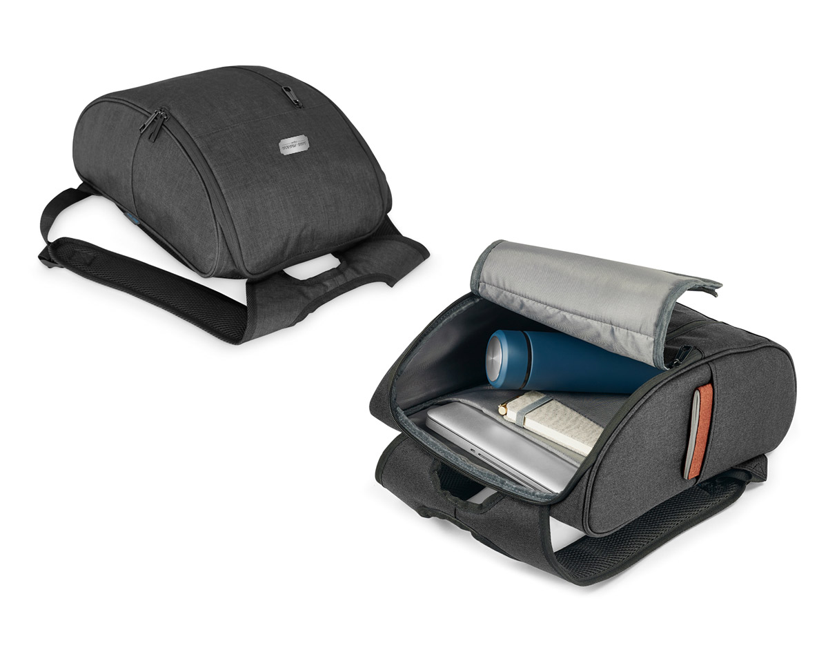 Mochila para notebook. 600D de alta densidade. Compartimento com 2 divisórias almofadadas para notebook até 15.6'' e tablet 9.7''. Interior forrado e almofadado. 1 bolso frontal e 2 bolsos laterais. Parte posterior almofadada, com sistema de apoio acolchoado para as costas e alças almofadadas