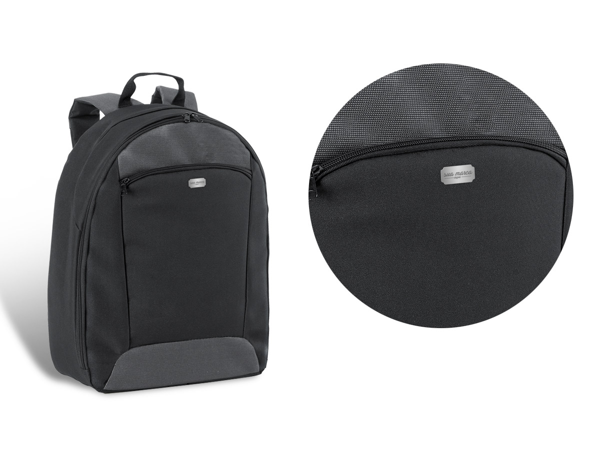 Mochila para notebook. 600D2Tone e 300D. Compartimento com divisória almofadada para notebook até 14''. Interior forrado e almofadado, com diversos bolsos. Bolso frontal. Parte posterior e alças almofadadas