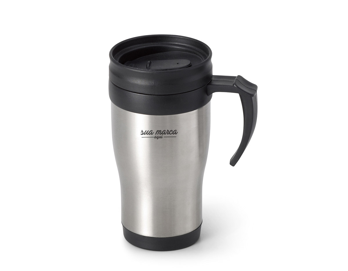 Caneca para viagem aço inox e PP. com tampa. capacidade até 420 ml. Apropriado para bebidas quentes e para congelador