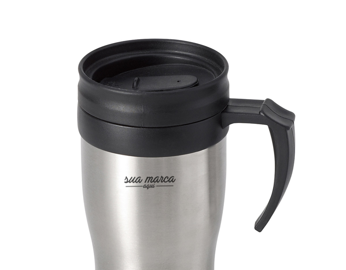 Caneca para viagem aço inox e PP. com tampa. capacidade até 420 ml. Apropriado para bebidas quentes e para congelador