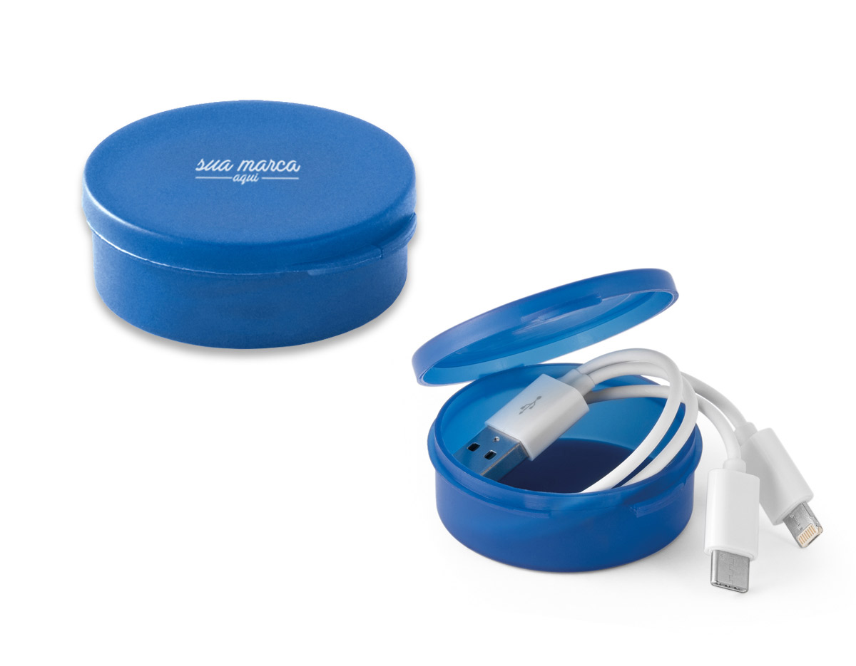 Cabo USB 3 em 1. ABS e PVC. Adequado para carregar dispositivos móveis. Dispõe de um conector USB tipo C e um conector 2 em 1, compatível com entradas micro USB e sistema operativo iOS. Fornecido em caixa de PP