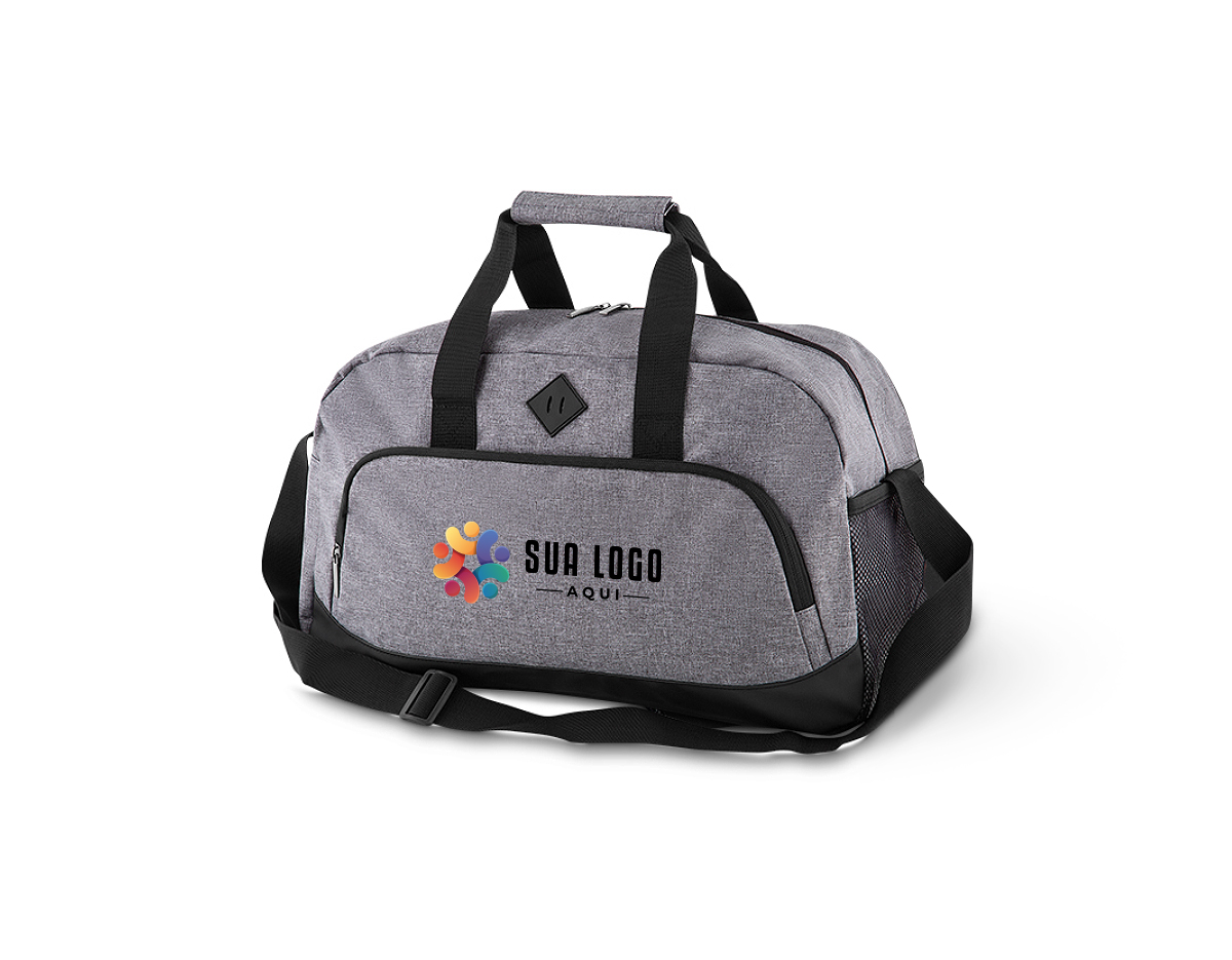Mala esportiva em Poliéster com alça de mão e ombro. Bolso frontal e lateral.