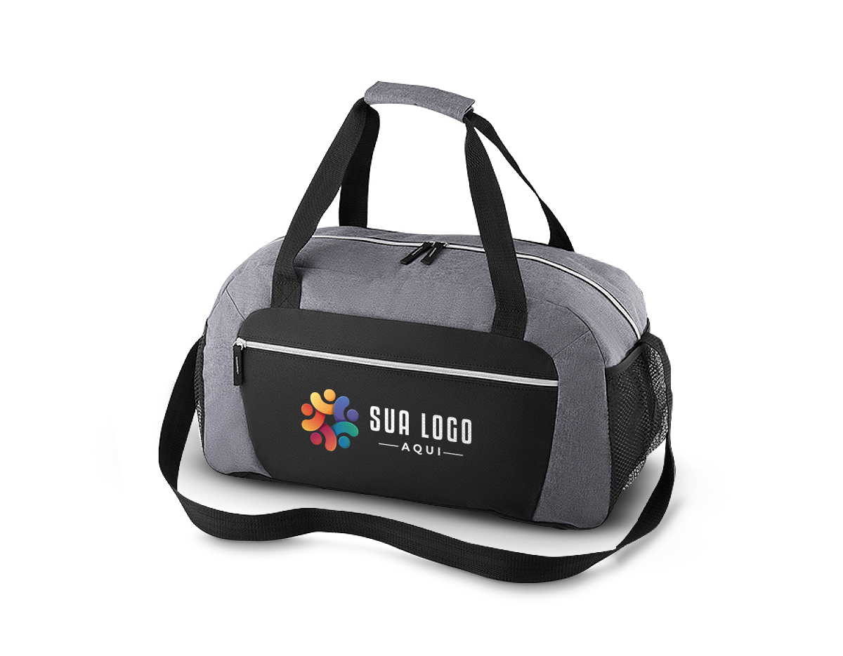 Mala esportiva em polyester, zíper frontal, bolsos laterais, alça de mão e ombro.