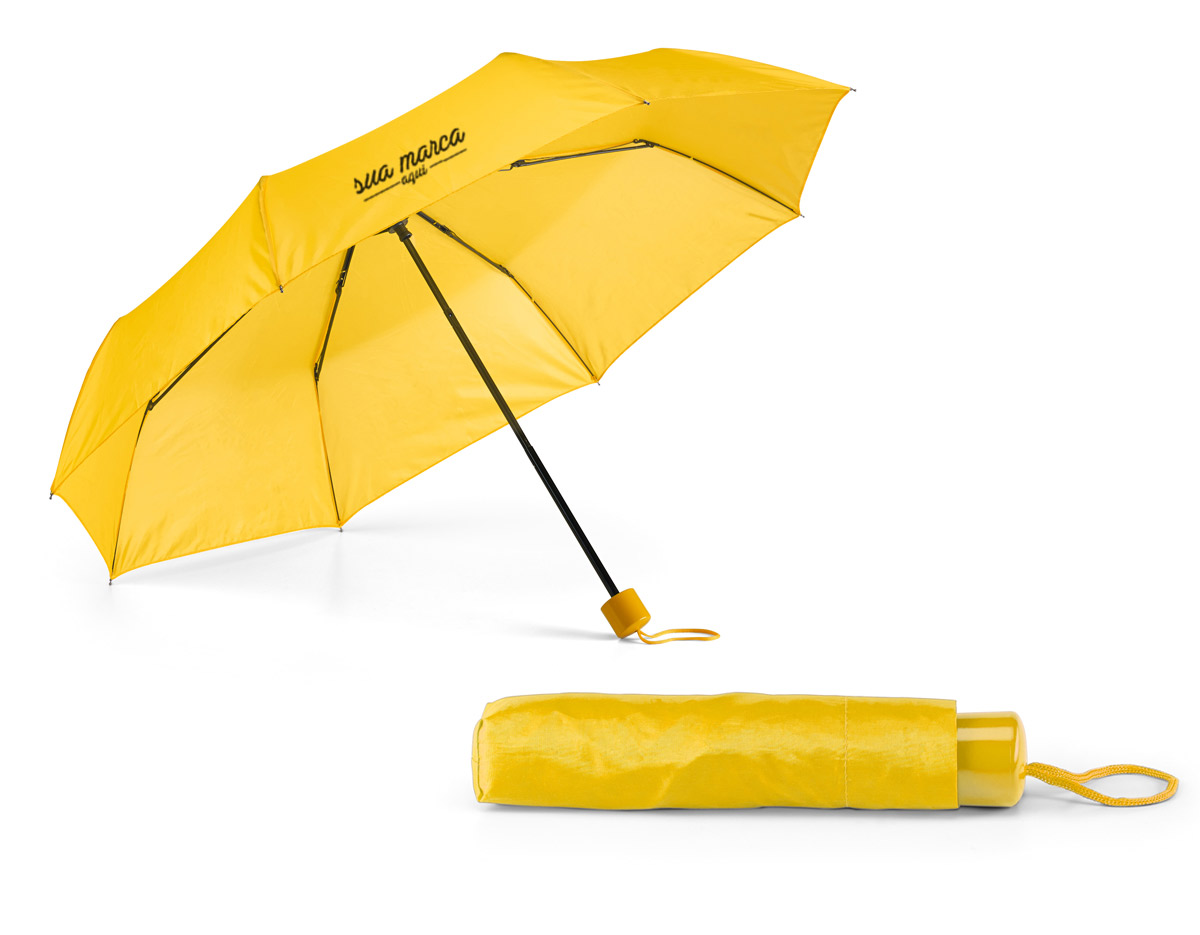Guarda-chuva em poliéster 190T, dobrável em 3 seções e com abertura manual. Acompanha bolsa para guardar nas medidas: Ø40 x 215 mm.
