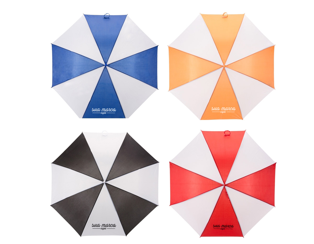 Guarda-chuva colorido com detalhes branco e tecido de nylon, basta acionar o botão inferior para abertura automática. Possui 8 varetas pretas de aço, pegador e bico superior de plástico.