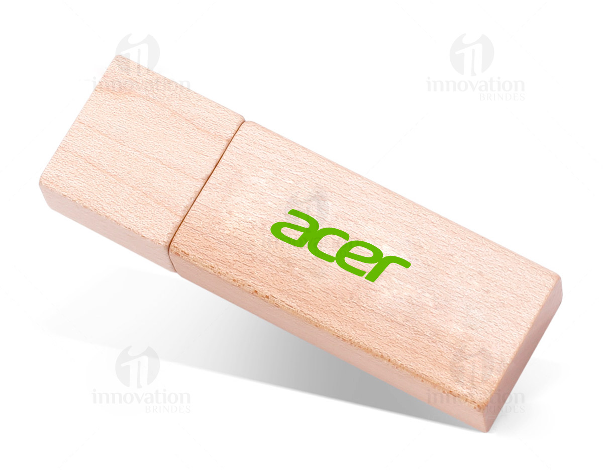 Pen drive 32GB de bambu com tampa de imã, frente e verso lisos.