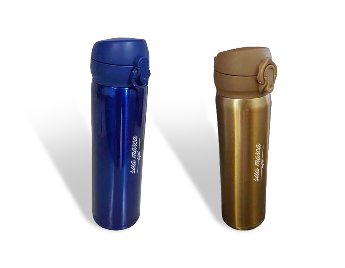 Garrafa térmica 480ml colorida com sistema de trava. 