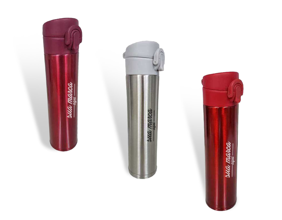Garrafa térmica 350ml colorida com sistema de trava. 