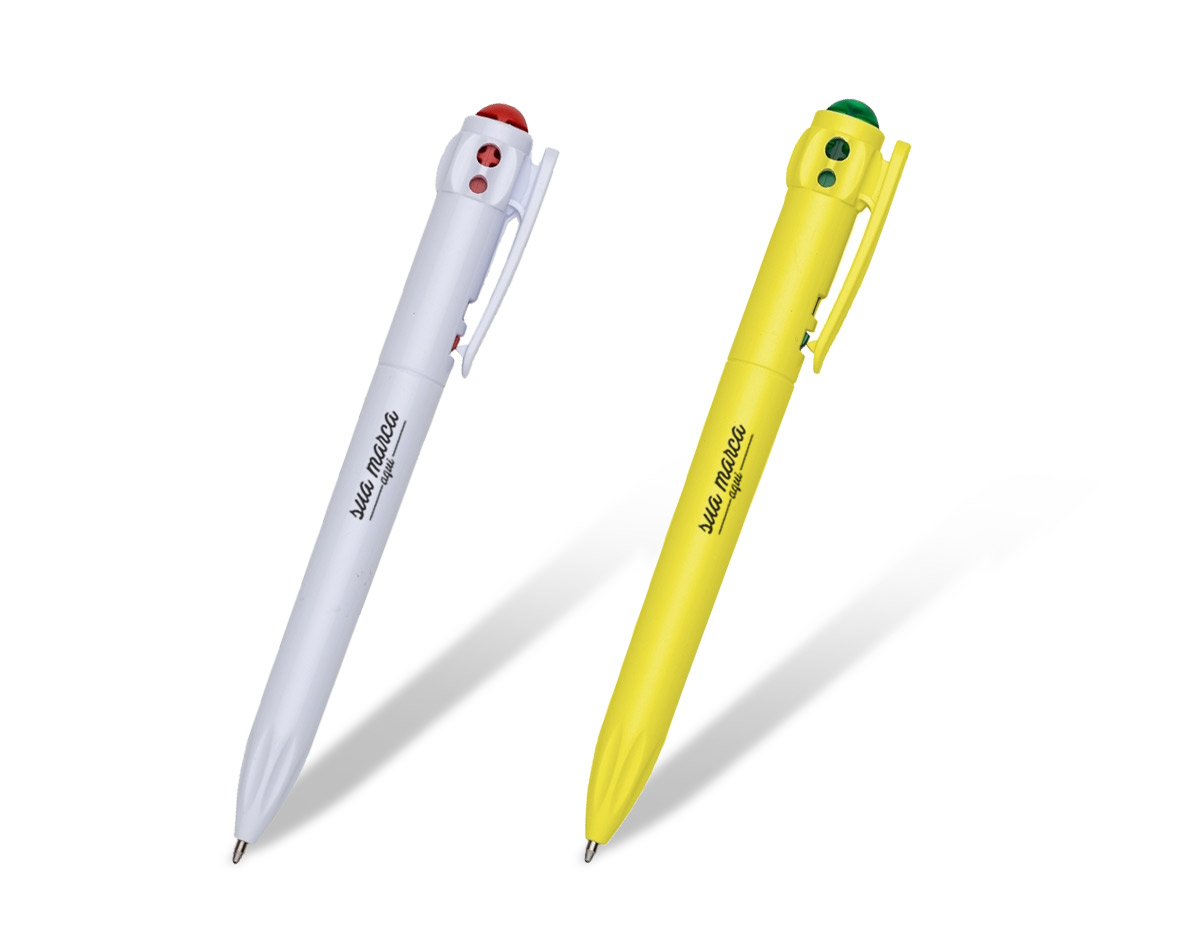Caneta plástica inteira branca com acionador colorido em relevo. Suporte do clip com dois furos em cada lateral e detalhe em relevo, possui anel "vazado" abaixo do clip e detalhes na parte inferior em relevo. Aciona por clique e destrava apertando a parte inferior do clip.