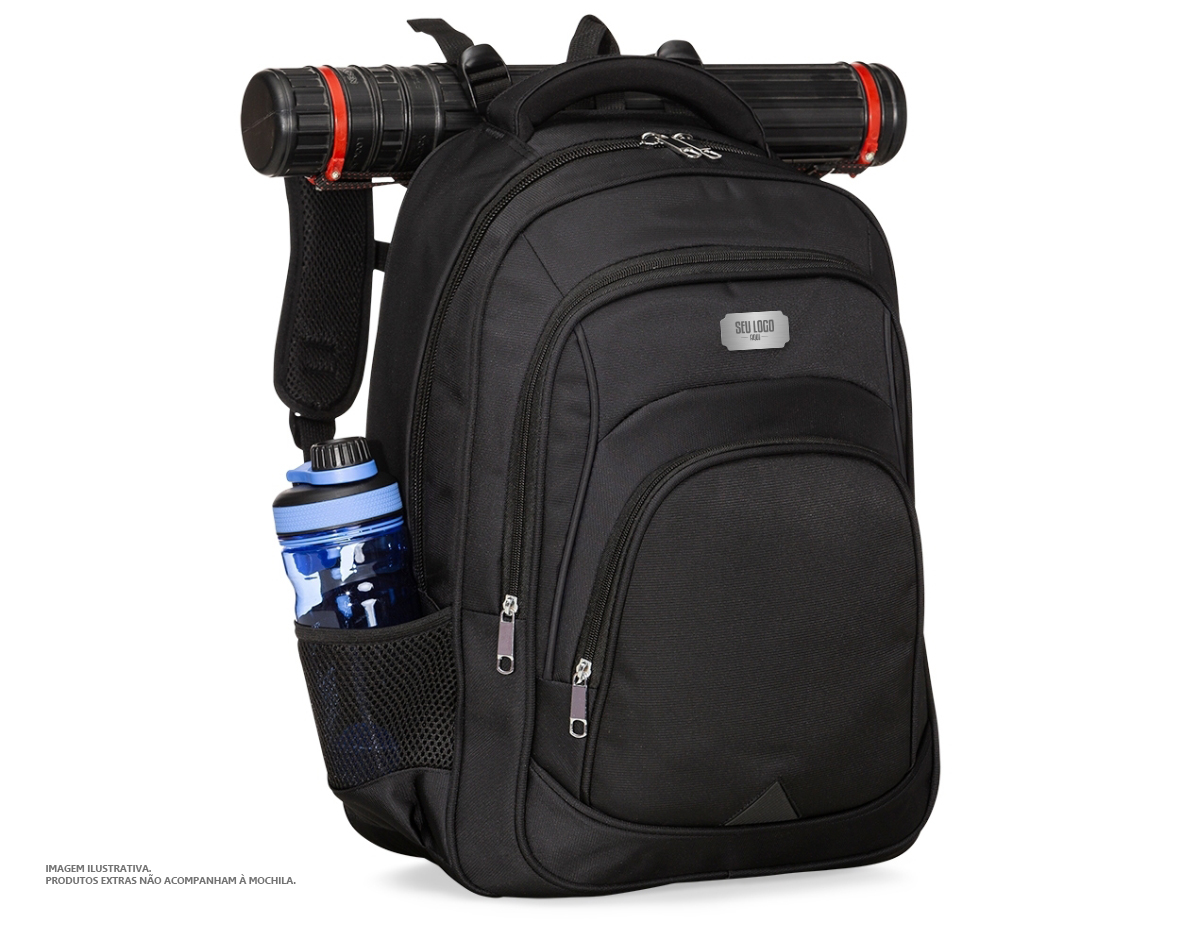 Mochila de alta confecção em poliéster com detalhes em nylon. Com amplo espaço, possui compartimento grande com bolso para notebook até 15.6 polegadas, compartimento mediano com divisórias para documentos, canetas, eletrônicos e entre outros;