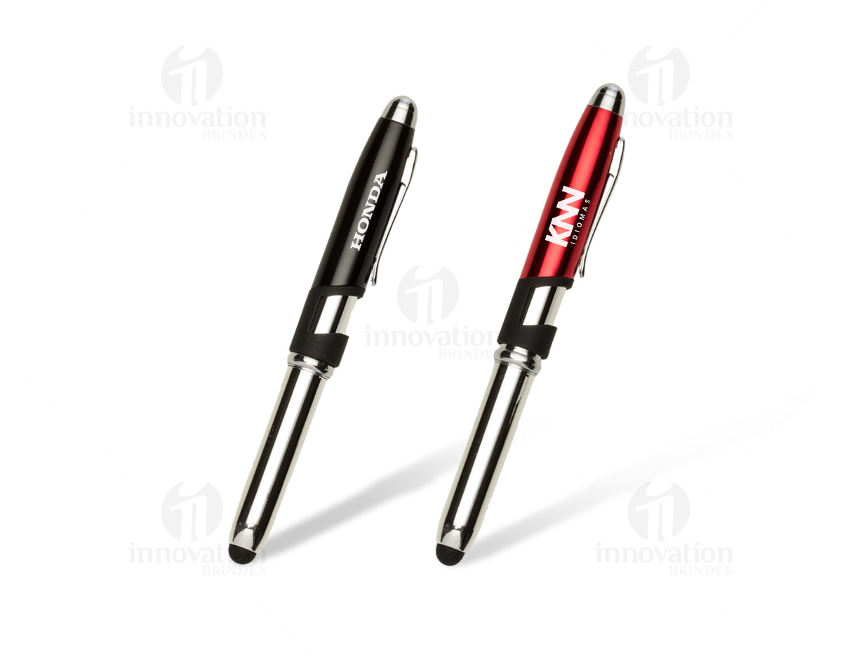 Mini caneta semimetal colorida com touch com suporte para celular, possui detalhes em prata e preto. Clip metal prata com um suporte preto para encaixe de celular
