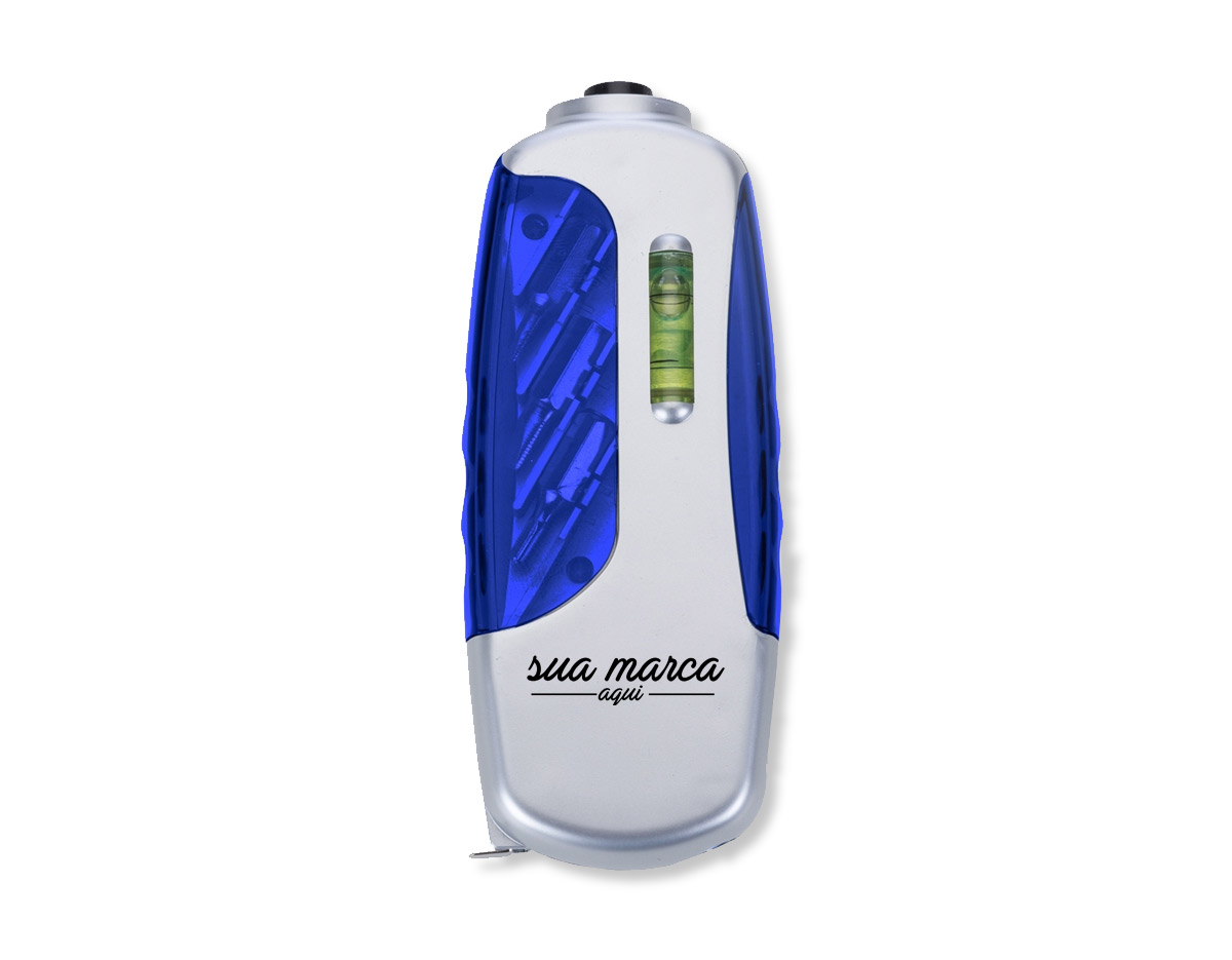 Kit ferramenta multifunções. Corpo prata com detalhes coloridos, abre pelas laterais e possui suporte superior para encaixar as pontas de cada chave. Possui 3 pontas de chaves Philips, 3 pontas de chave de fenda, nível, lanterna com botão para ligar/desligar e trena de 1 metro . Acompanha 3 baterias LR41.