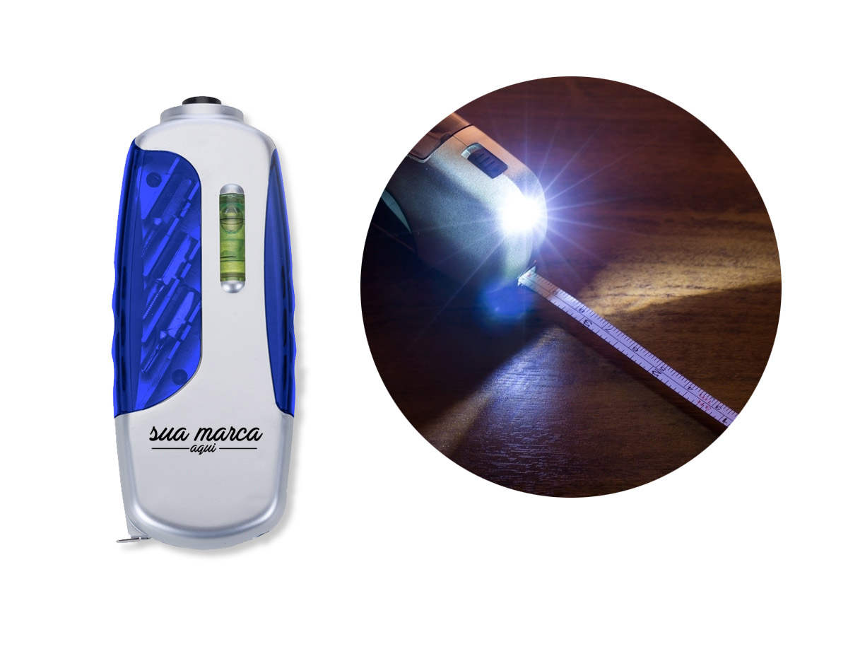 Kit ferramenta multifunções. Corpo prata com detalhes coloridos, abre pelas laterais e possui suporte superior para encaixar as pontas de cada chave. Possui 3 pontas de chaves Philips, 3 pontas de chave de fenda, nível, lanterna com botão para ligar/desligar e trena de 1 metro . Acompanha 3 baterias LR41.