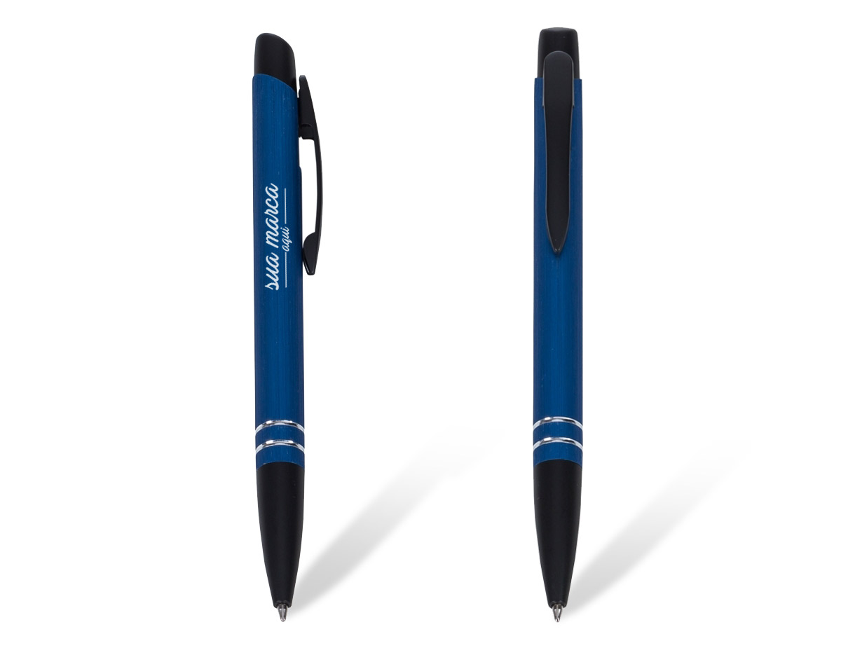 Caneta semimetal de pintura texturizada colorida com detalhes em preto. Clip metálico preto, possui dois anéis prata na parte inferior. Aciona por clique.