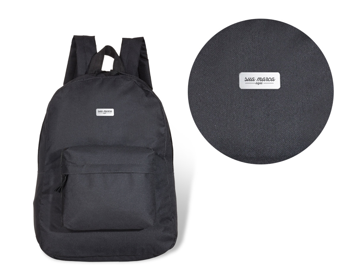 Mochila nylon 600 para notebook. Possui compartimento superior com bolso interno e bolso frontal. Zíperes com "pegador" de nylon, alças ajustáveis e alça de mão. Acompanha plaquinha metálica para personalização