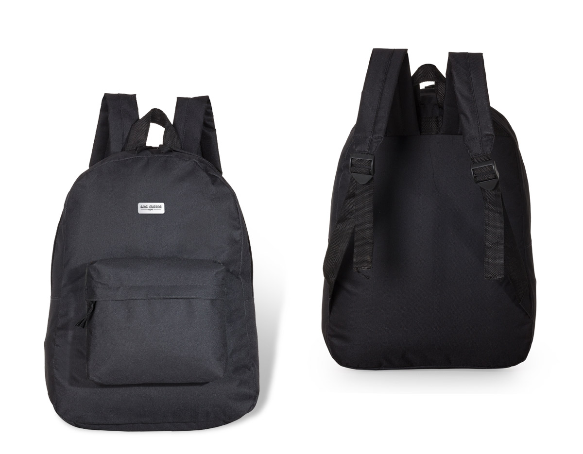 Mochila nylon 600 para notebook. Possui compartimento superior com bolso interno e bolso frontal. Zíperes com "pegador" de nylon, alças ajustáveis e alça de mão. Acompanha plaquinha metálica para personalização